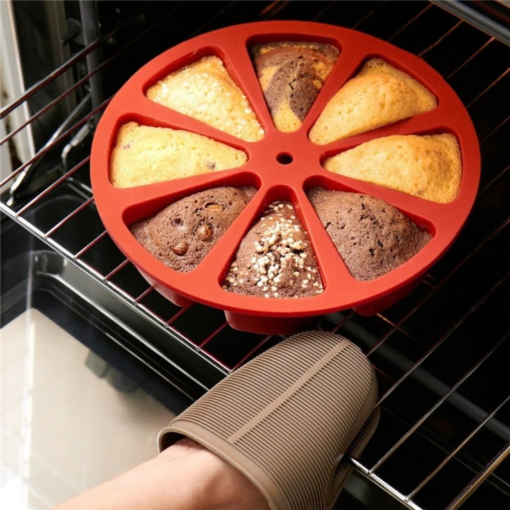 Sectioned non-stick silicone mold with baked goods